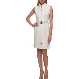 Tommy Hilfiger Ivory Scuba Sheath Dress, NWT $119 Front Zip Belt Women's Size 12